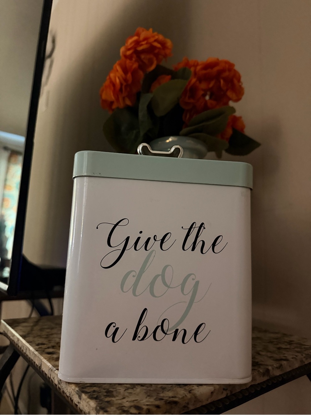 White Metal Dog Treat Tin with Mint Lid